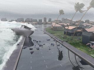 A large wave crashes over a coastal road, flooding the area and pushing a boat onto the street. Palm trees bend in strong winds, and buildings in the background appear damaged under a gray, stormy sky.
