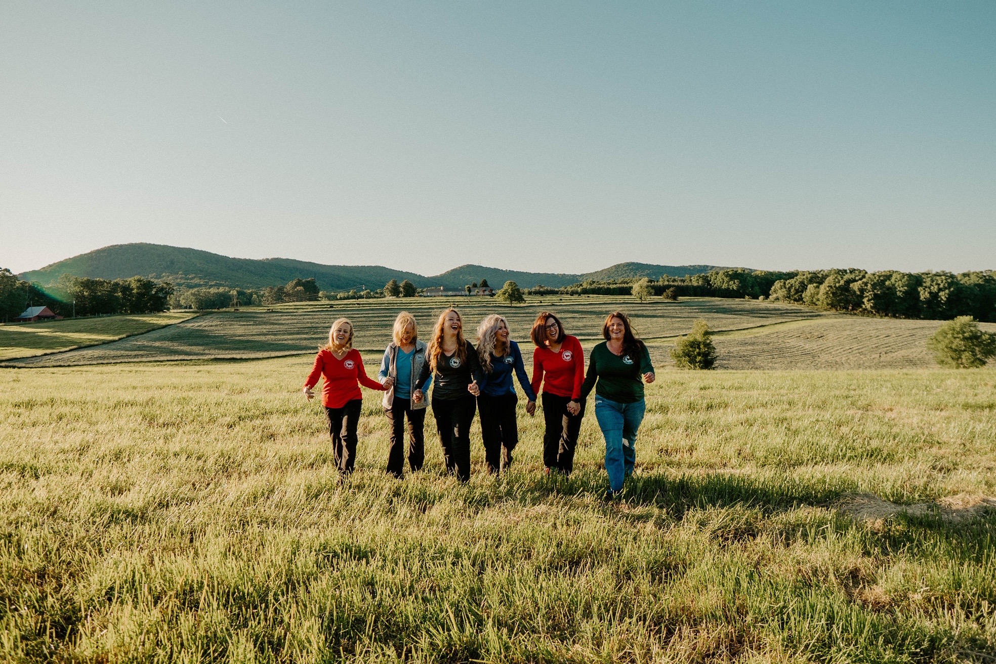 Six women walk together through a sunlit grassy field with rolling hills and trees in the background under a clear blue sky.