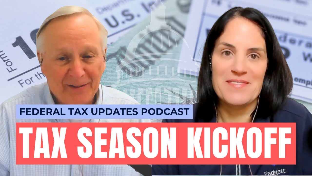 Two people are smiling during a video call for a podcast titled Federal Tax Updates Podcast: Tax Season Kickoff, with tax forms and the U.S. Capitol faintly in the background.
