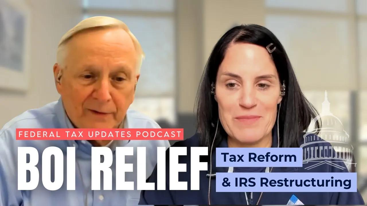 Two people on a video call with text overlay reading Federal Tax Updates Podcast, BOI Relief, and Tax Reform & IRS Restructuring, featuring the Padgett logo and an illustration of the U.S. Capitol dome in the corner.